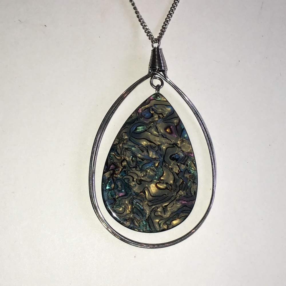 Silver Tone Teardrop Faux Abalone Necklace